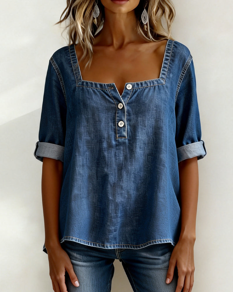 Avélia™ | Square Collar Denim Shirt