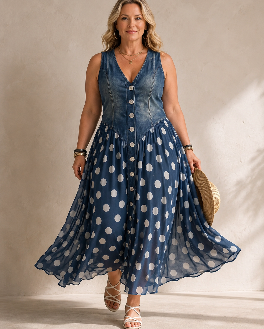 Leah™ | Denim Maxi Dress with Dots Tummy-Flattering