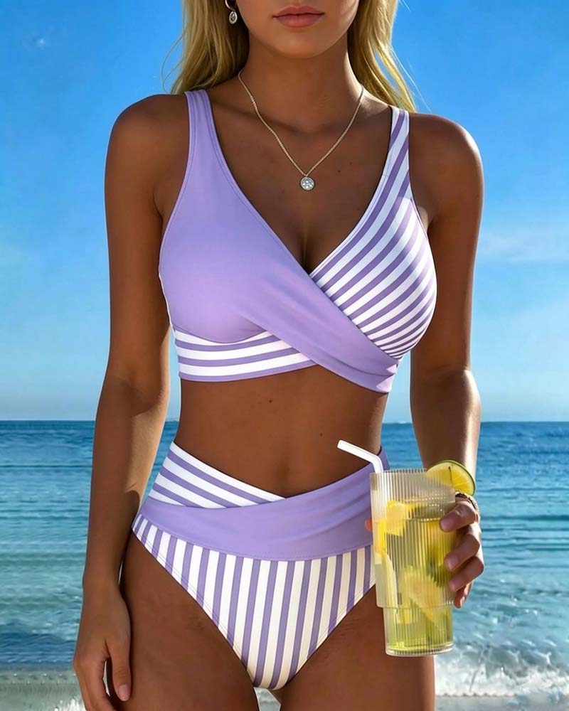 Striped Printed Cross Bikini