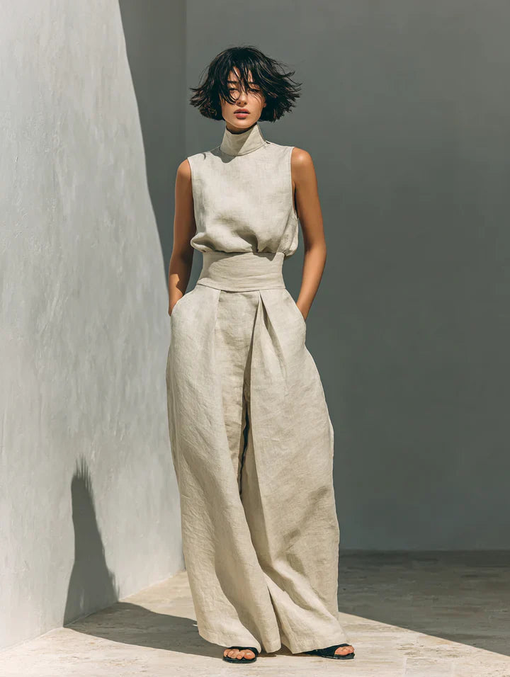 Flor™ | Minimalist Set of Sleeveless Blouse and Wide-Leg Pants in Cotton and Linen for Women