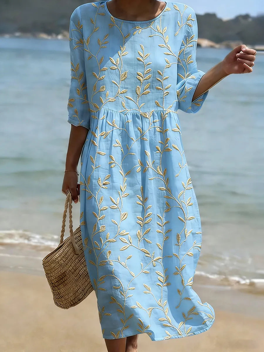 Natalie | Midi Dress with Floral Pattern and Round Neck