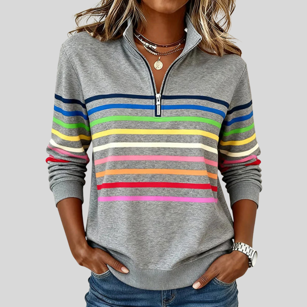 Susan™ | Colorful Striped Sweater with Quarter Zip