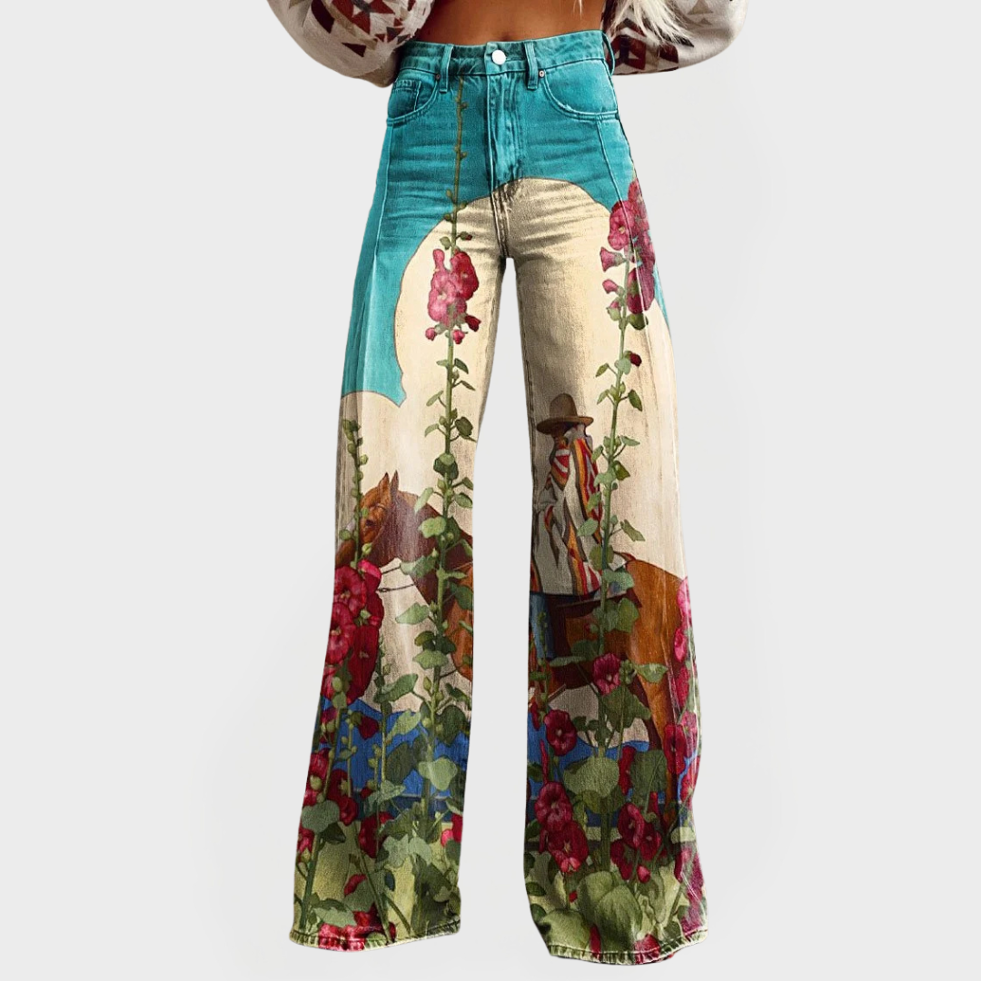 Trendy jeans with floral design and wide leg