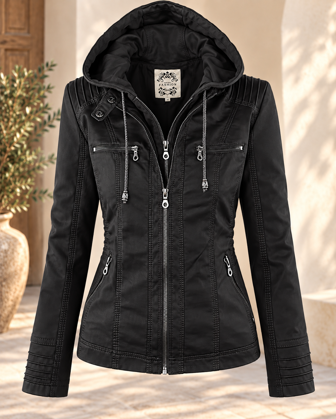 Patricia™ | Elegant Faux Leather Jacket with Hood