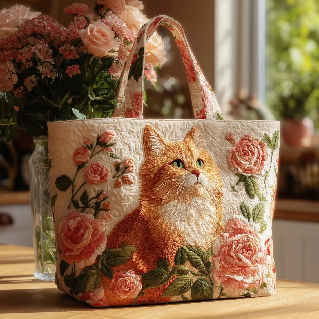 Red Cat Artisan Tote Bag with Roses