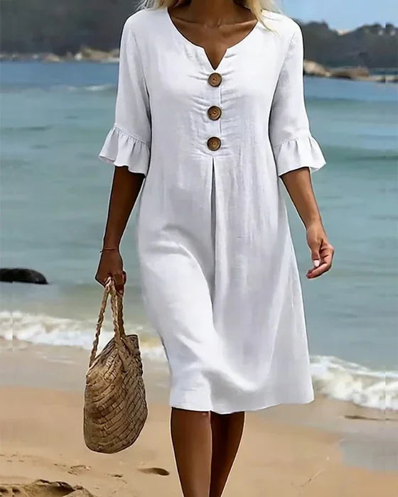 Vanesa™ | Linen Texture Dress with Puff Sleeves and Buttons