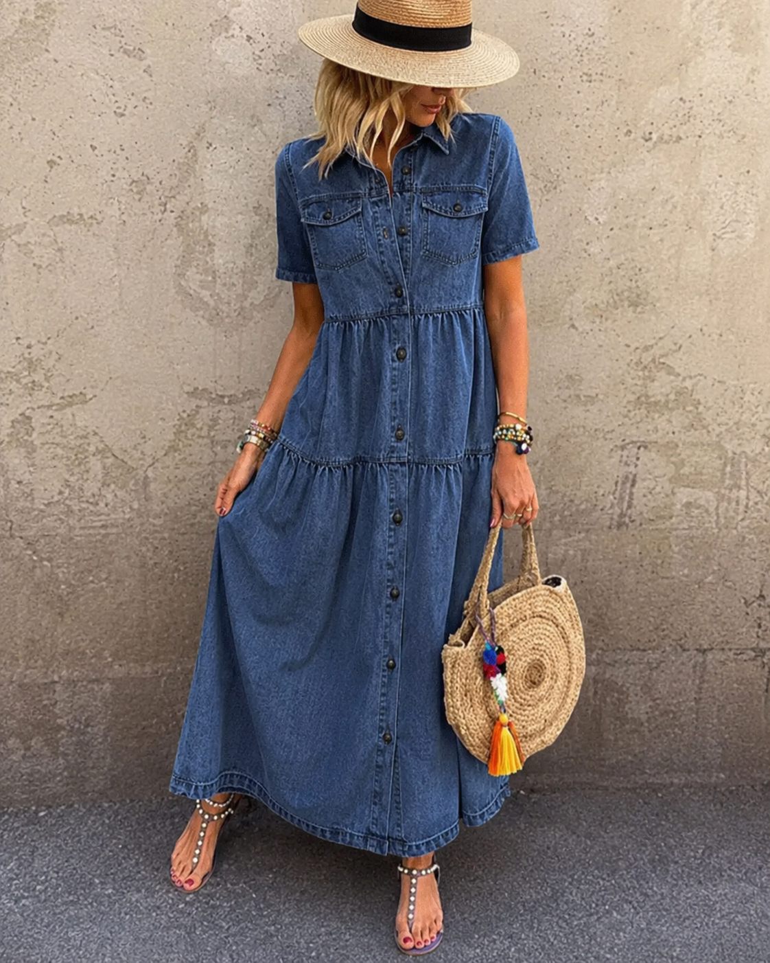 Grace™ | Belly-covering Denim Midi Dress with Buttons