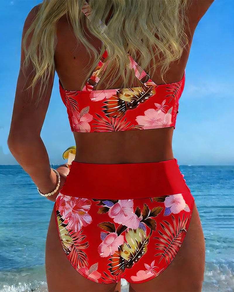 Floral Contrast Cut-Out Bikini