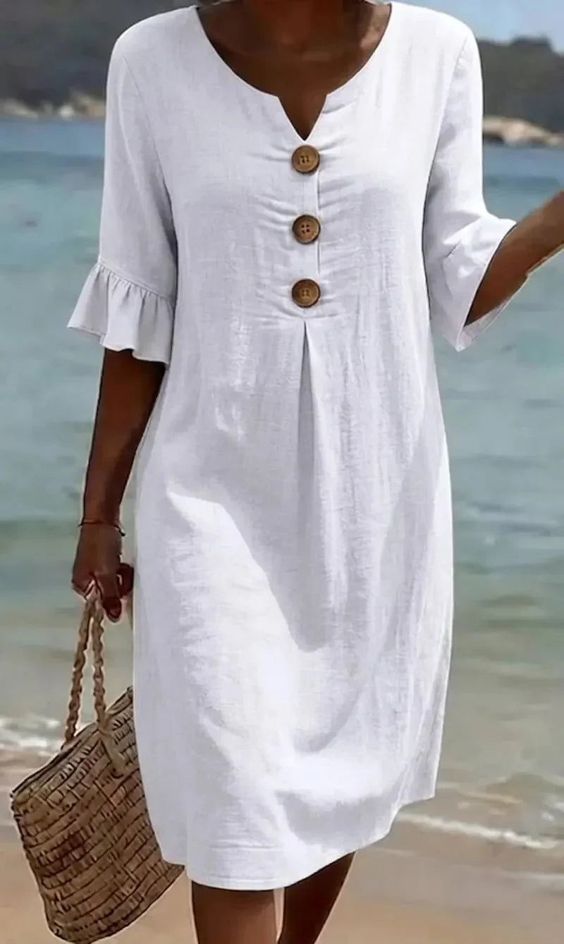 Vanesa™ | Linen Texture Dress with Puff Sleeves and Buttons