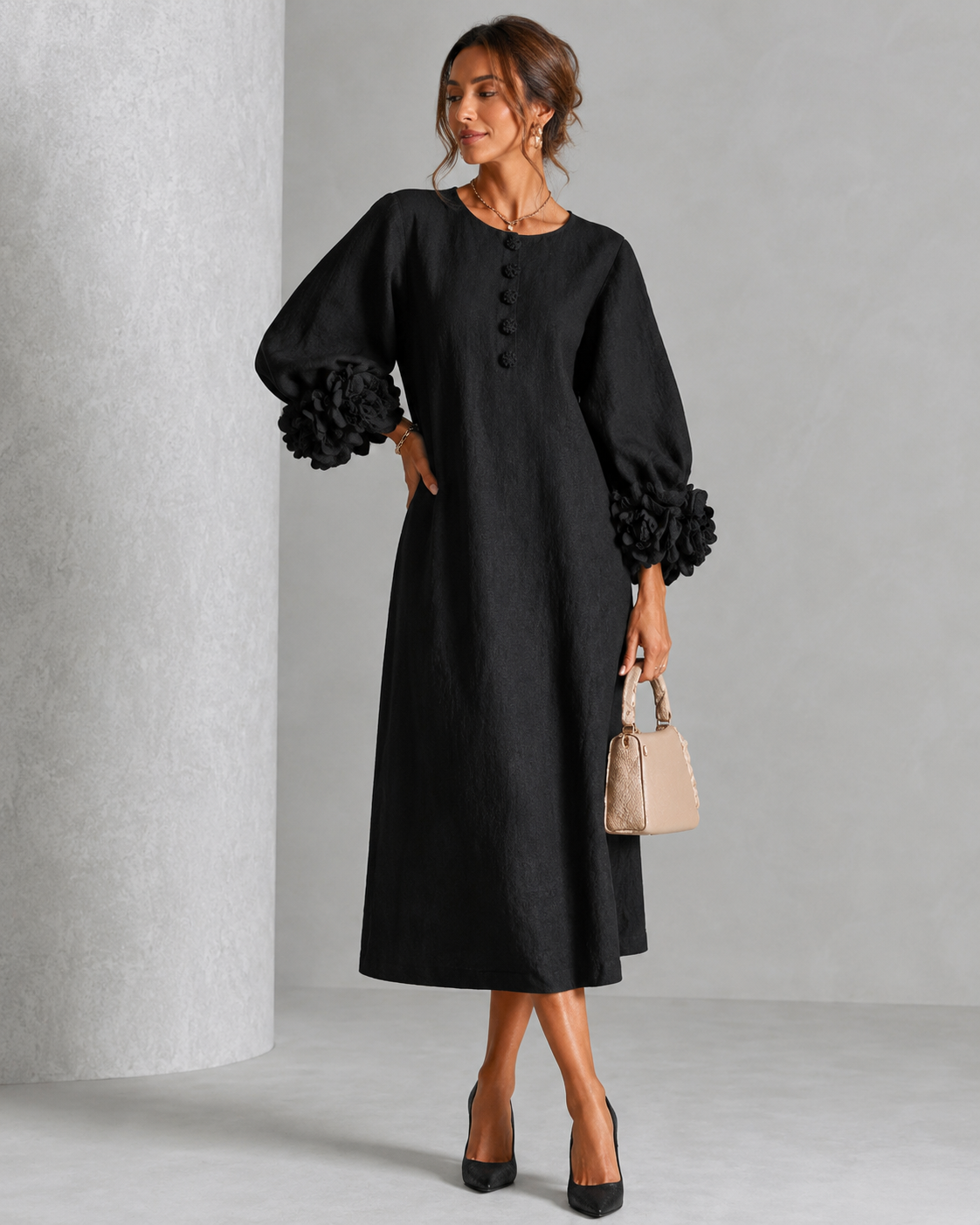 Lily™ | Elegant Tummy-Flattering Midi Dress with Floral Sleeves