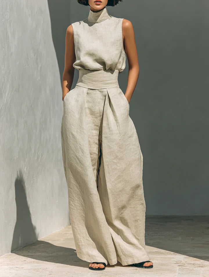 Flor™ | Minimalist Set of Sleeveless Blouse and Wide-Leg Pants in Cotton and Linen for Women