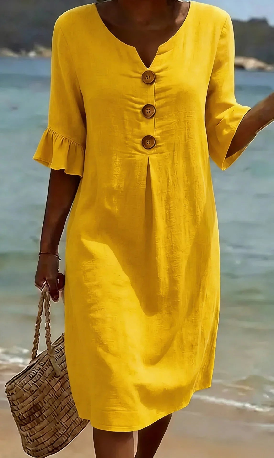 Vanesa™ | Linen Texture Dress with Puff Sleeves and Buttons