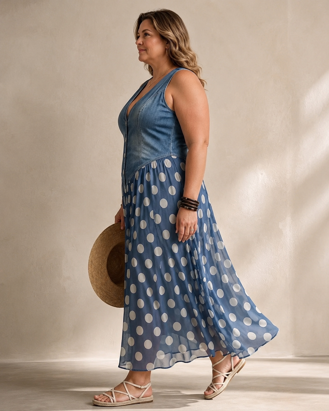 Leah™ | Denim Maxi Dress with Dots Tummy-Flattering
