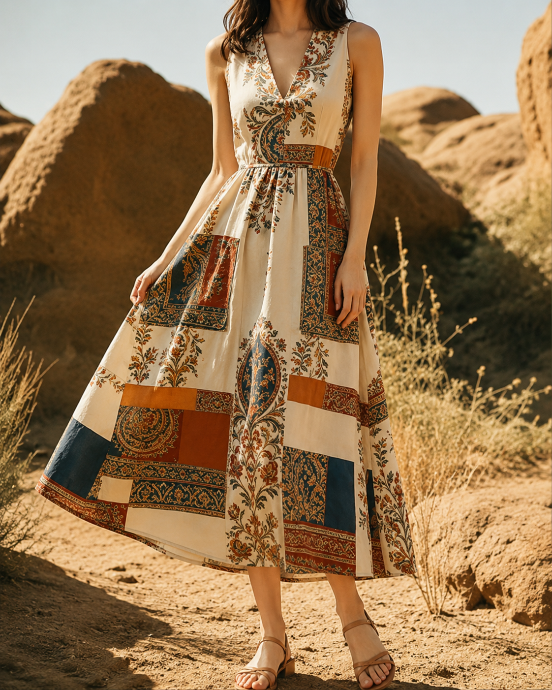 Paisley™ | Vintage Patchwork Tummy-Flattering Midi Dress