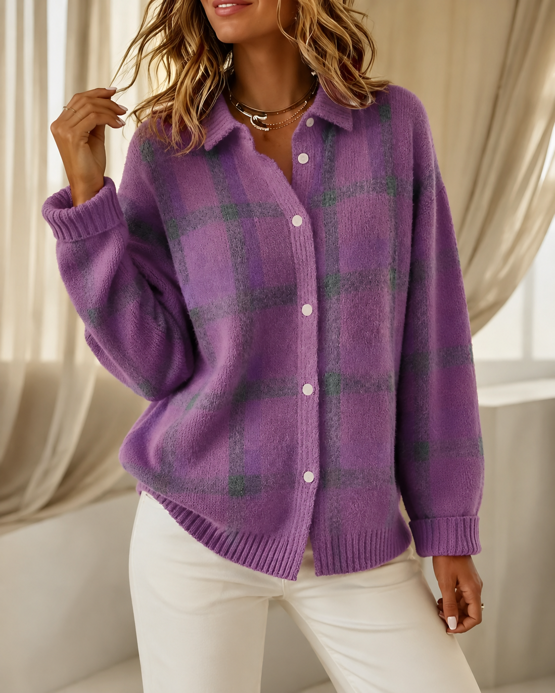 Audrey™ | Plaid Knit Cardigan Tummy-Flattering