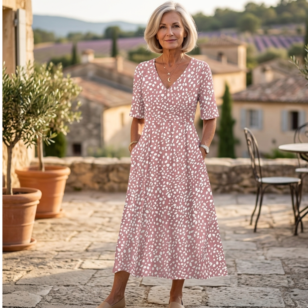 Colette | Fluid midi dress with polka dot print and slimming effect