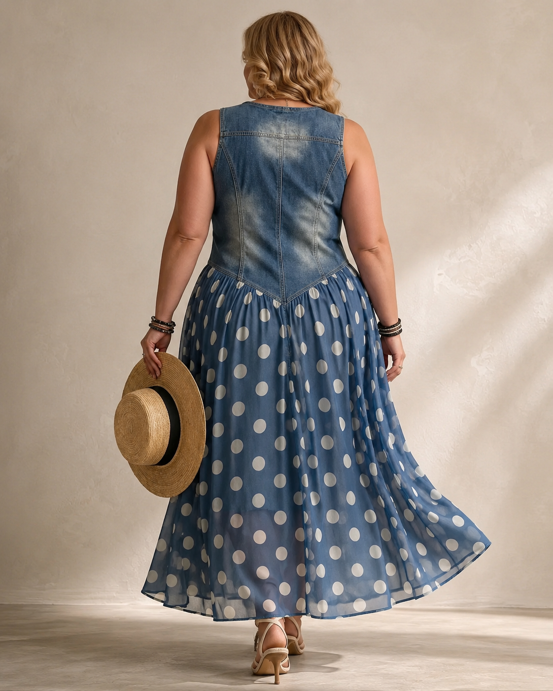 Leah™ | Denim Maxi Dress with Dots Tummy-Flattering