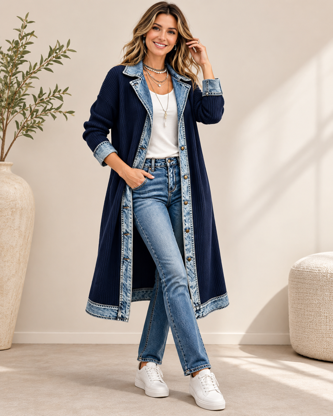 Patricia™ | Long Knit Cardigan with Denim Details