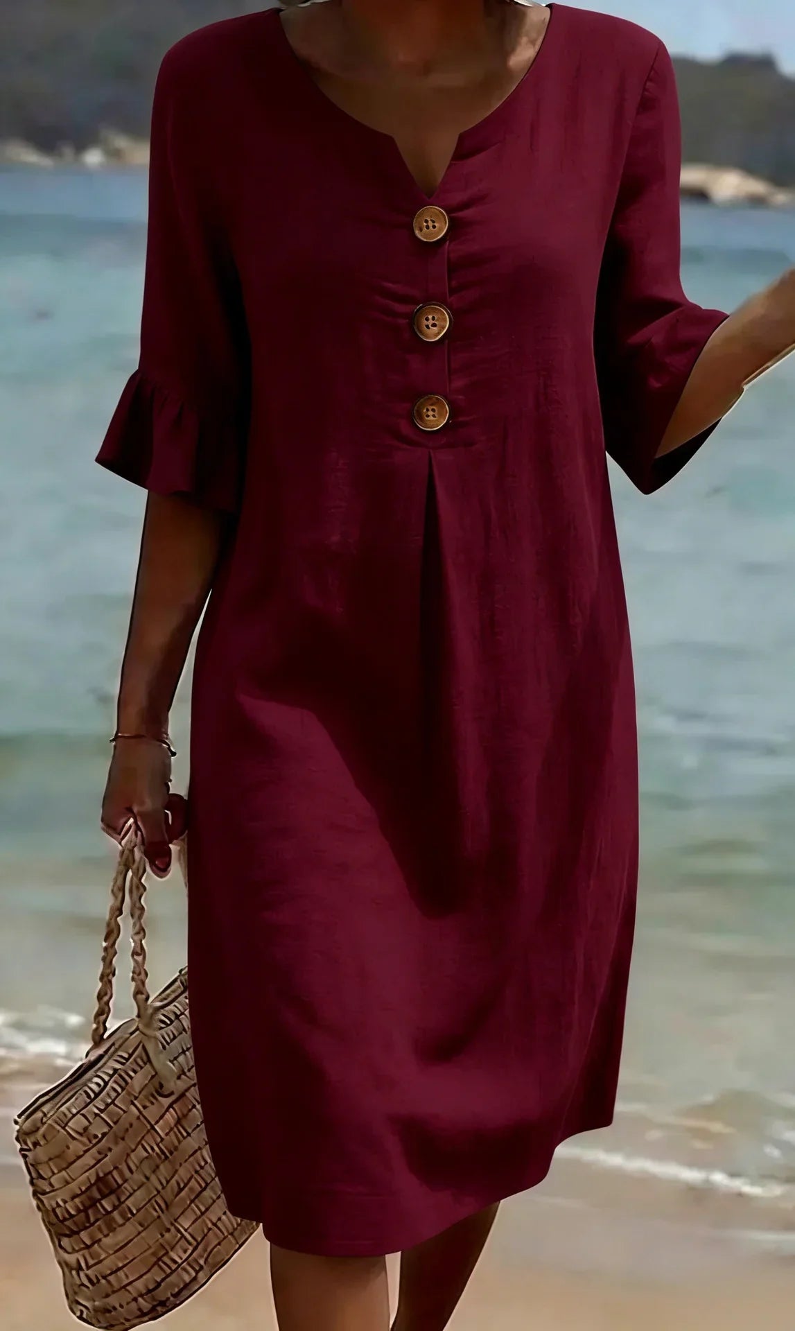 Vanesa™ | Linen Texture Dress with Puff Sleeves and Buttons