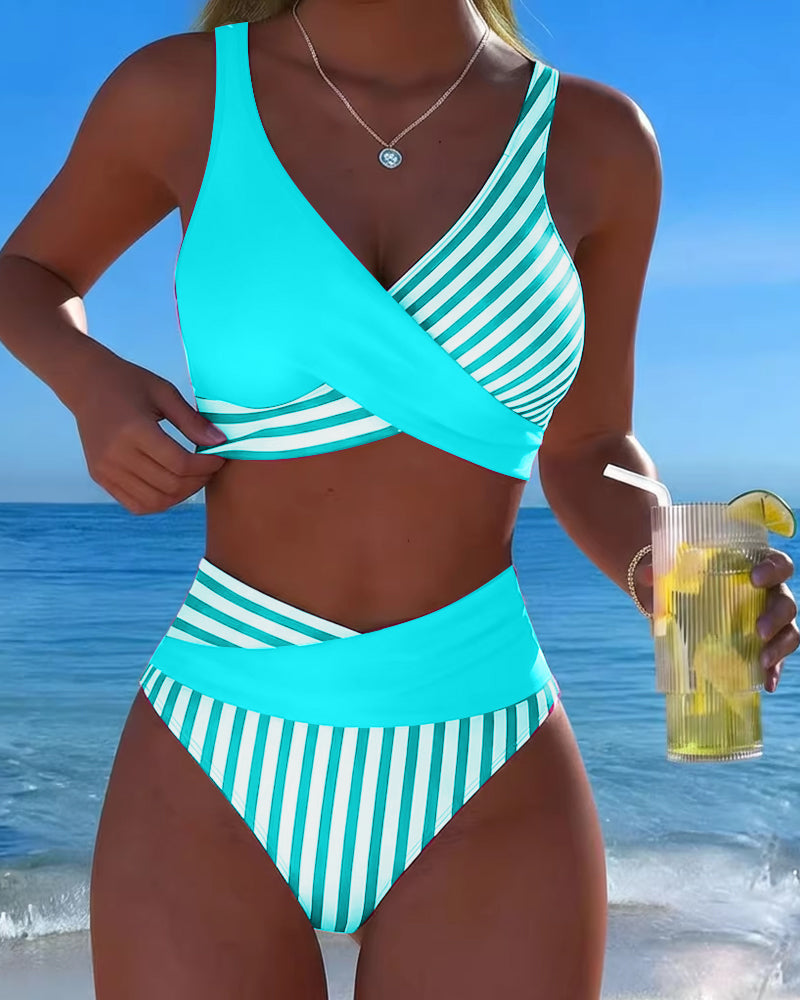 Striped Printed Cross Bikini