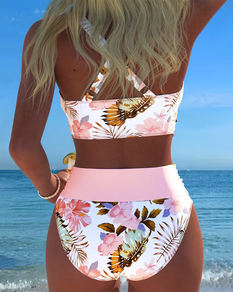 Floral Contrast Cut-Out Bikini