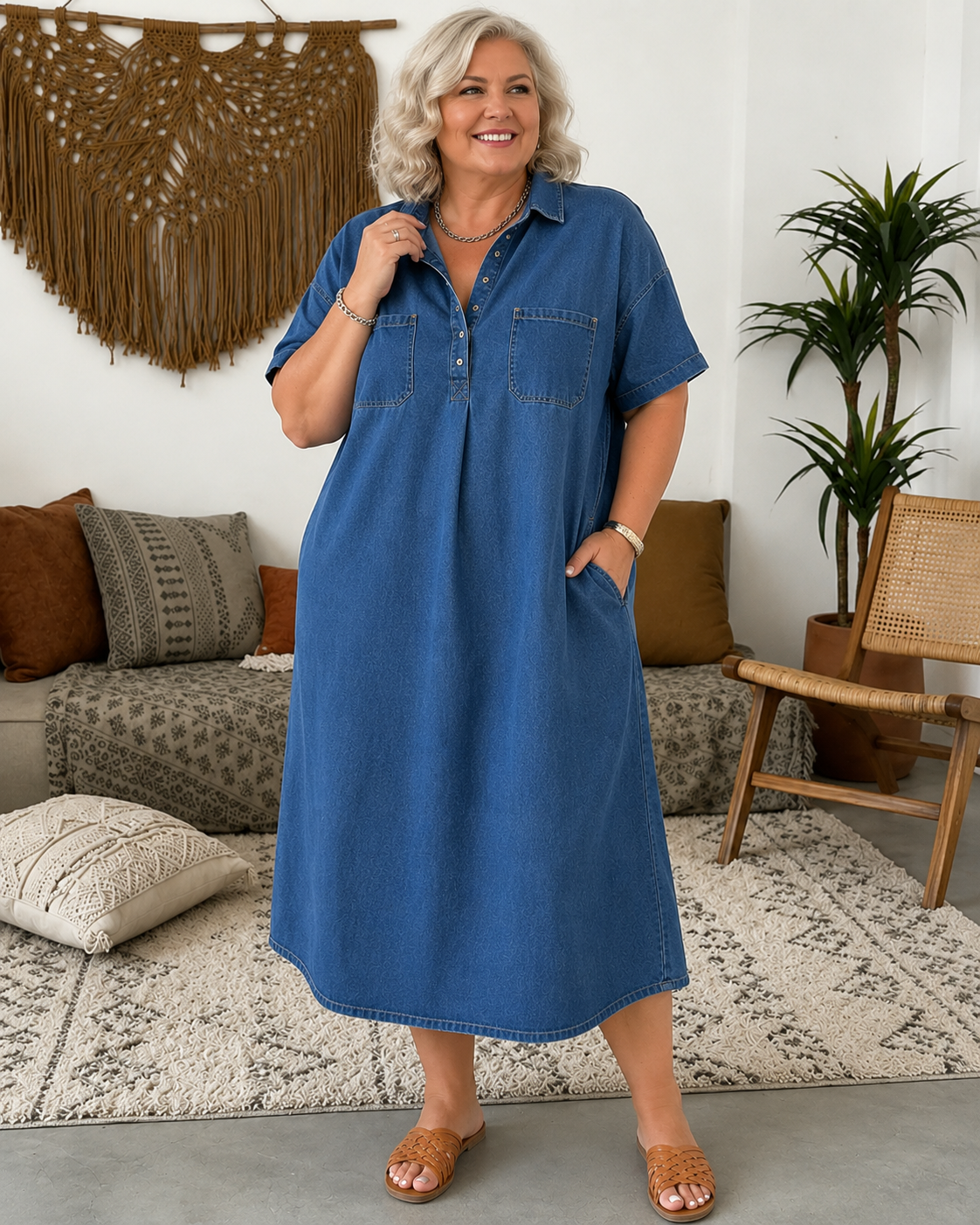 Chelsea™ | Tummy-Covering Denim Shirt Midi Dress