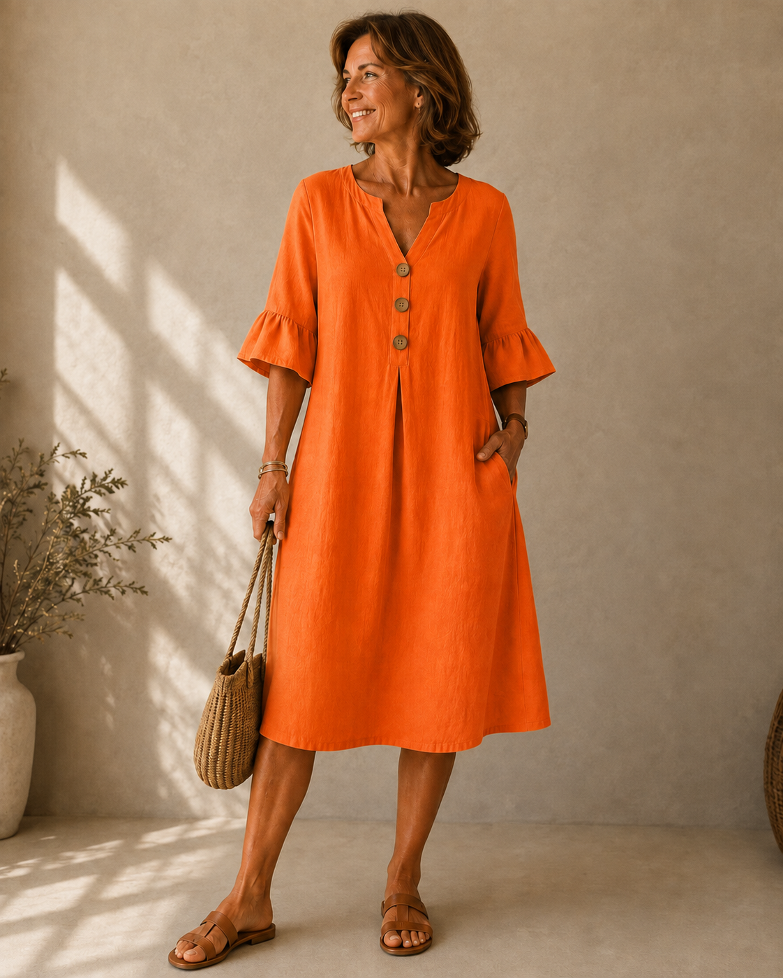 Leah™ | Tummy-Flattering Midi Dress with Buttons