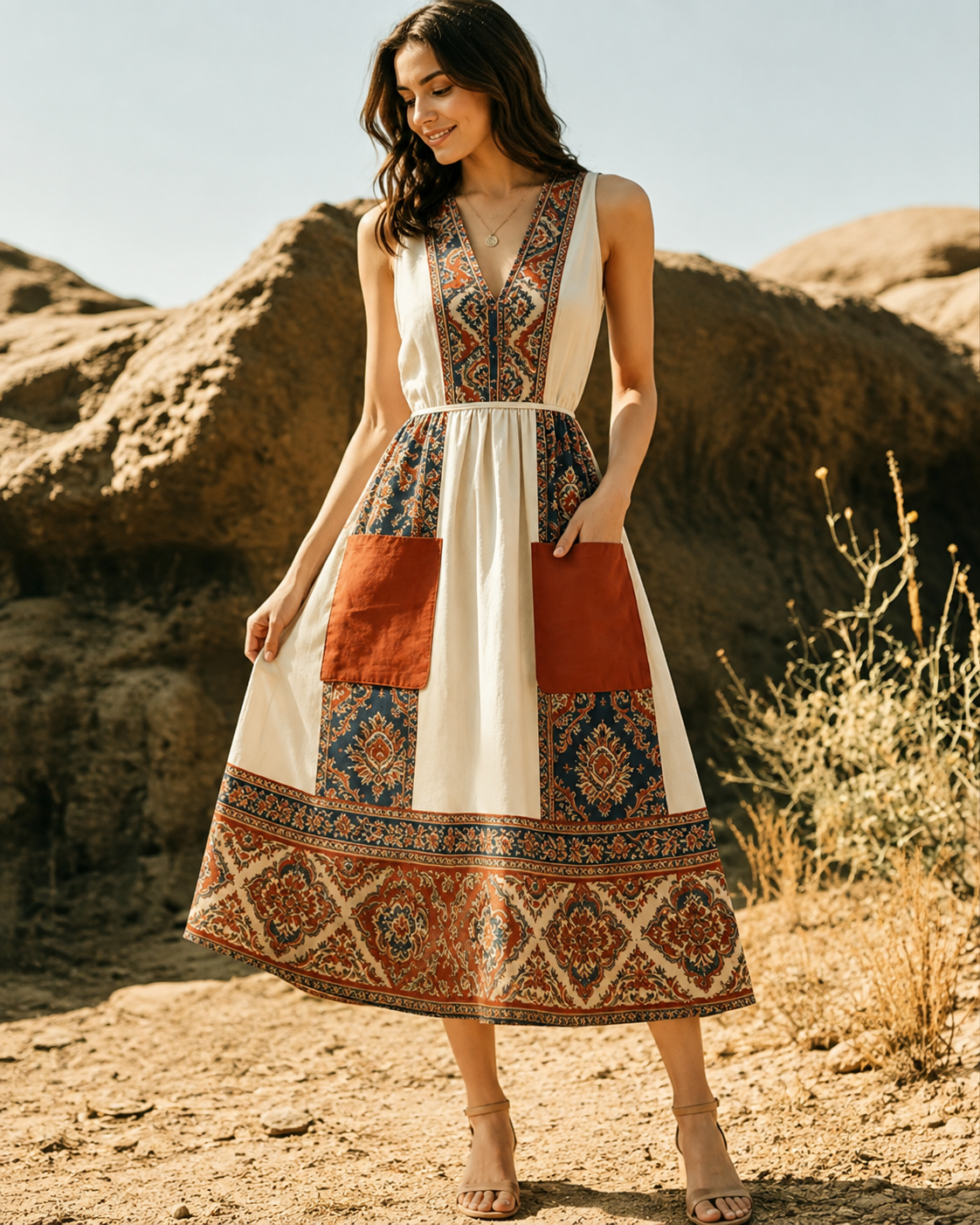 Paisley™ | Vintage Patchwork Tummy-Flattering Midi Dress
