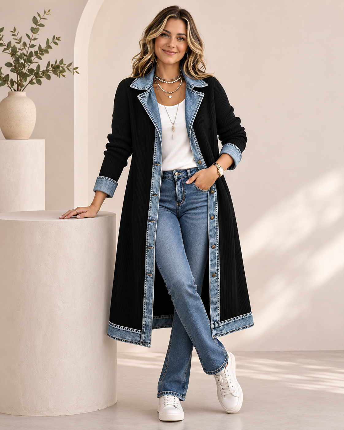 Patricia™ | Long Knit Cardigan with Denim Details