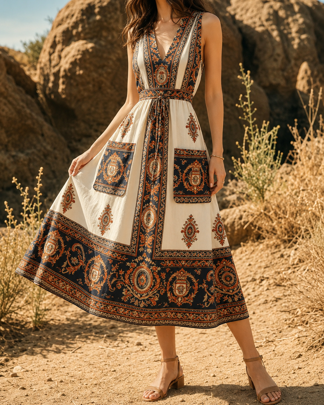 Paisley™ | Vintage Patchwork Tummy-Flattering Midi Dress