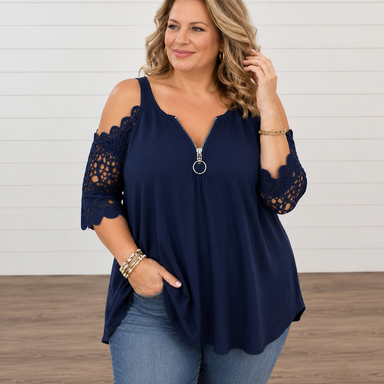 Brooklyn™ | Elegant Tummy-Flattering Lace Off-Shoulder Top with Zip