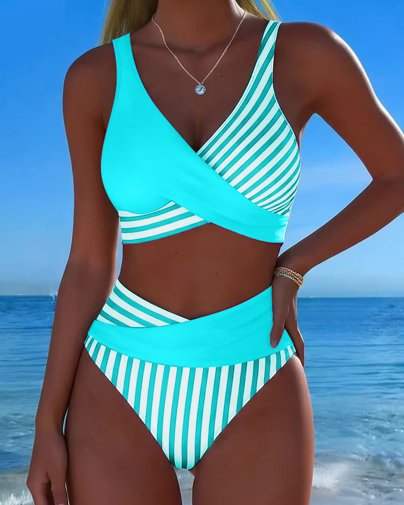 Striped Printed Cross Bikini