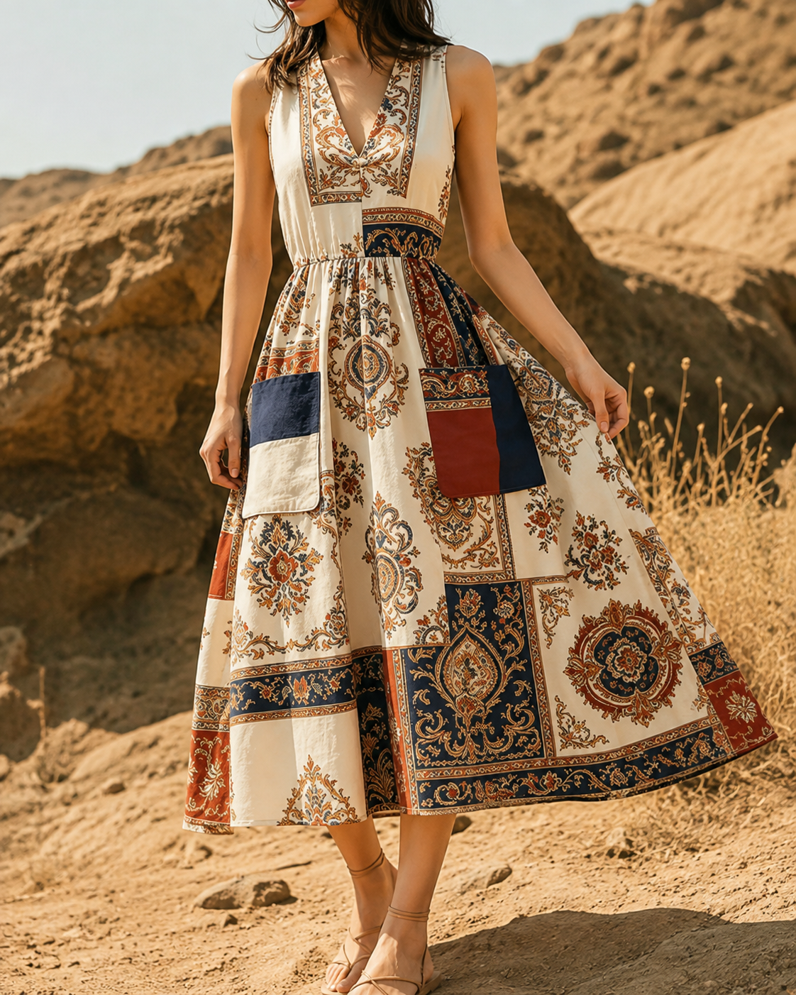 Paisley™ | Vintage Patchwork Tummy-Flattering Midi Dress