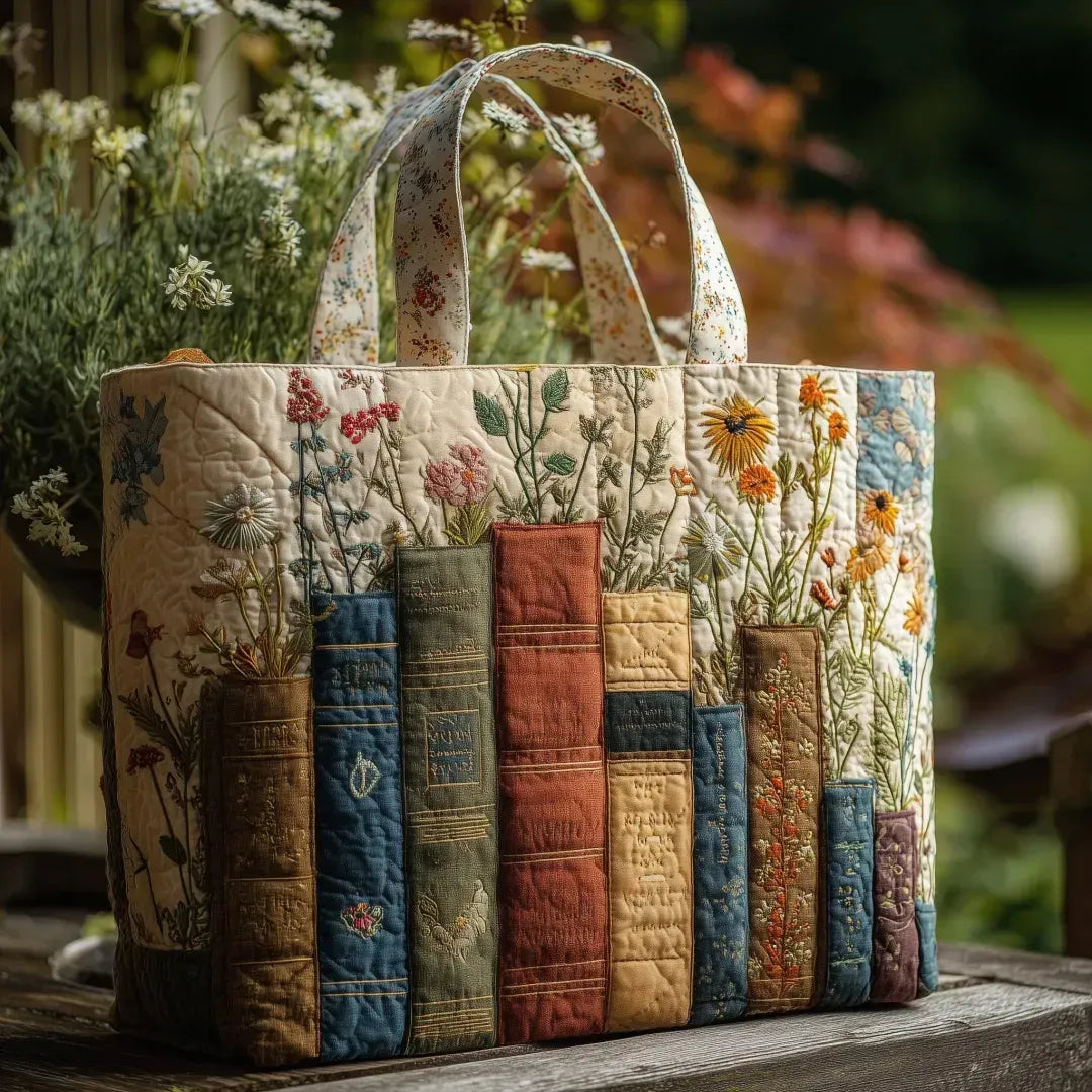 Quilted Artisan Bag: Books and Flowers