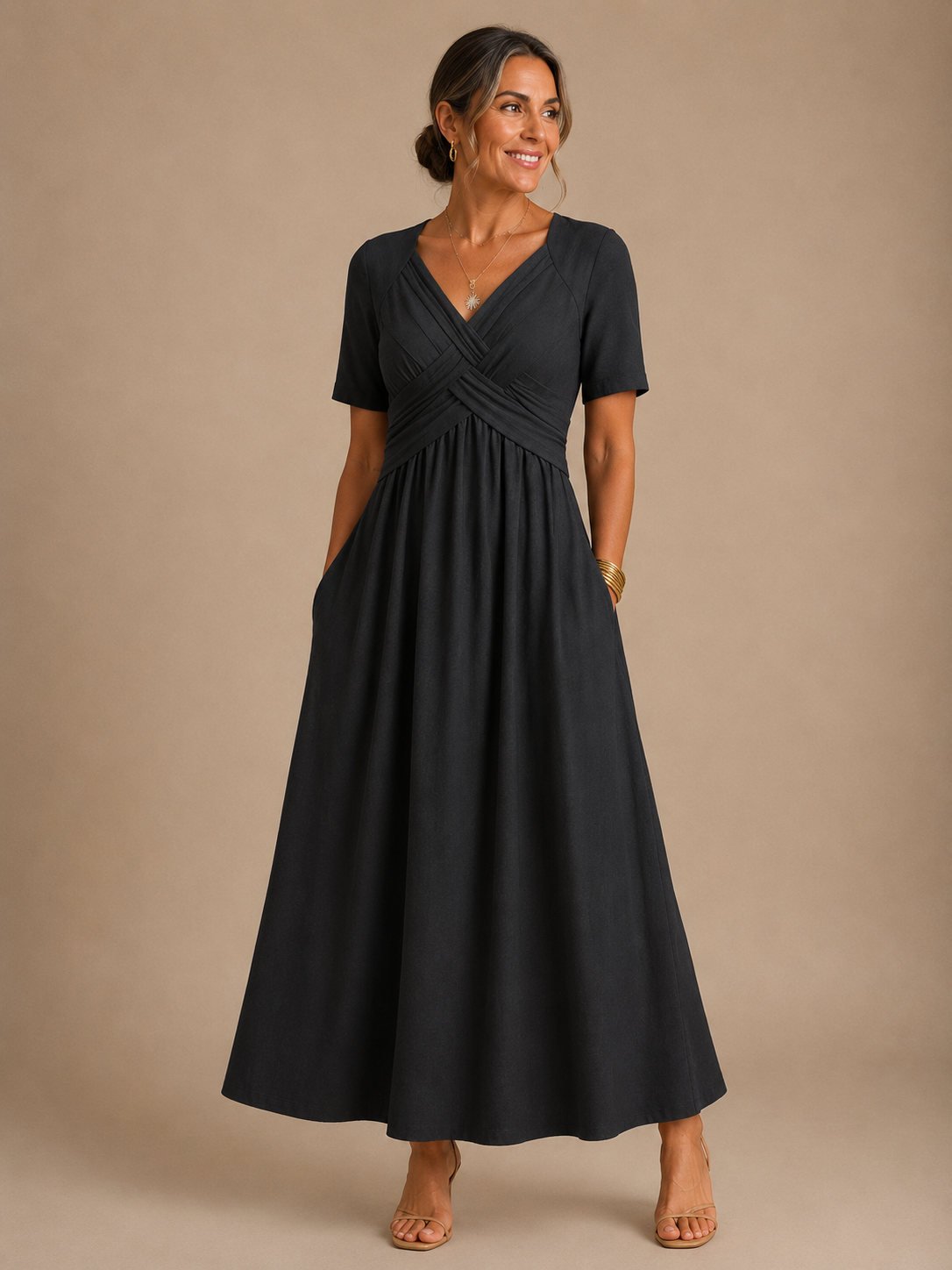 Analeia | Elegant V-Neck Midi Dress