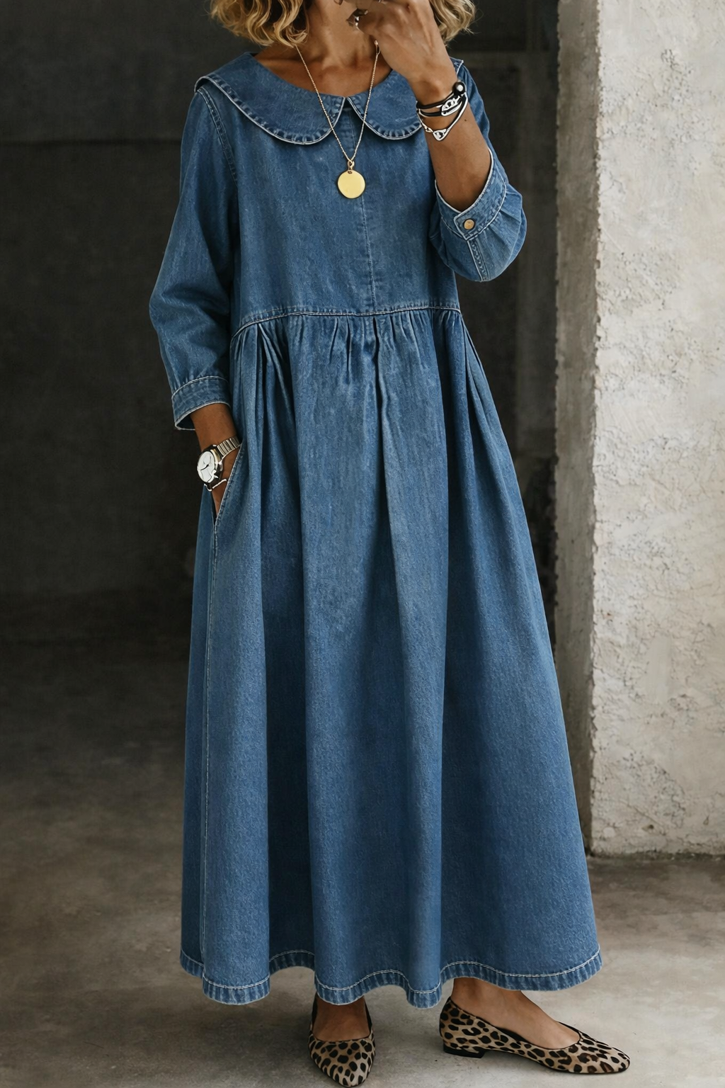 Clara™ | Denim Dress with Peter Pan Collar