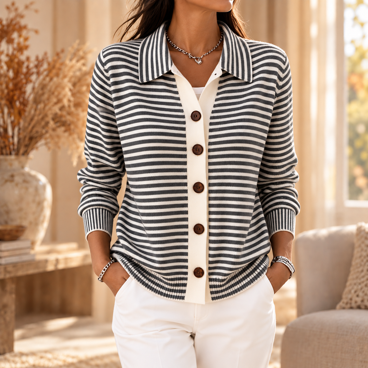 Cheryl™ | Striped Cardigan with Collar and Buttons 3