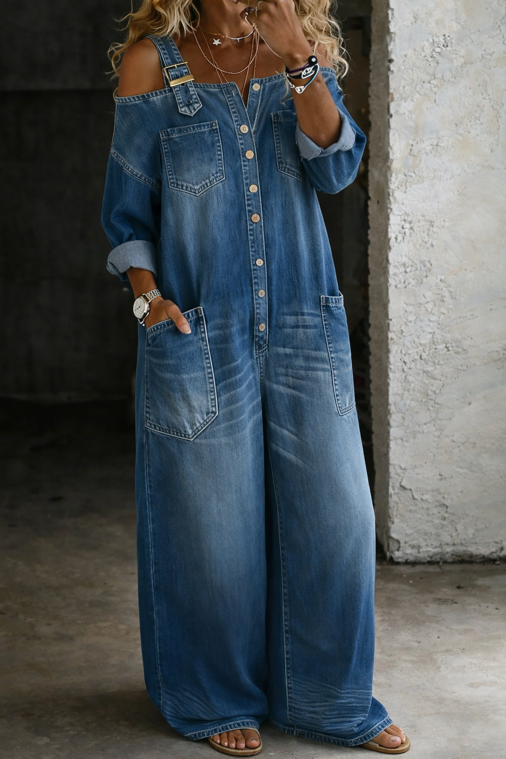 Sophia™ | Denim Jumpsuit with Off-Shoulder Design