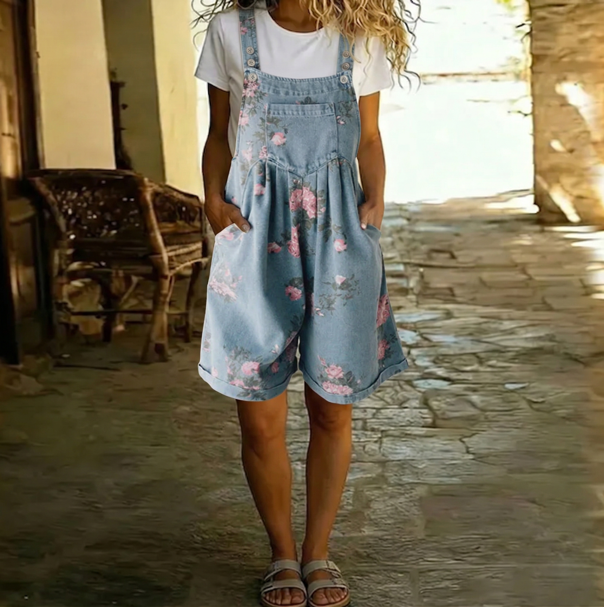 Judy™ | Vintage Washed Floral Denim Jumpsuit