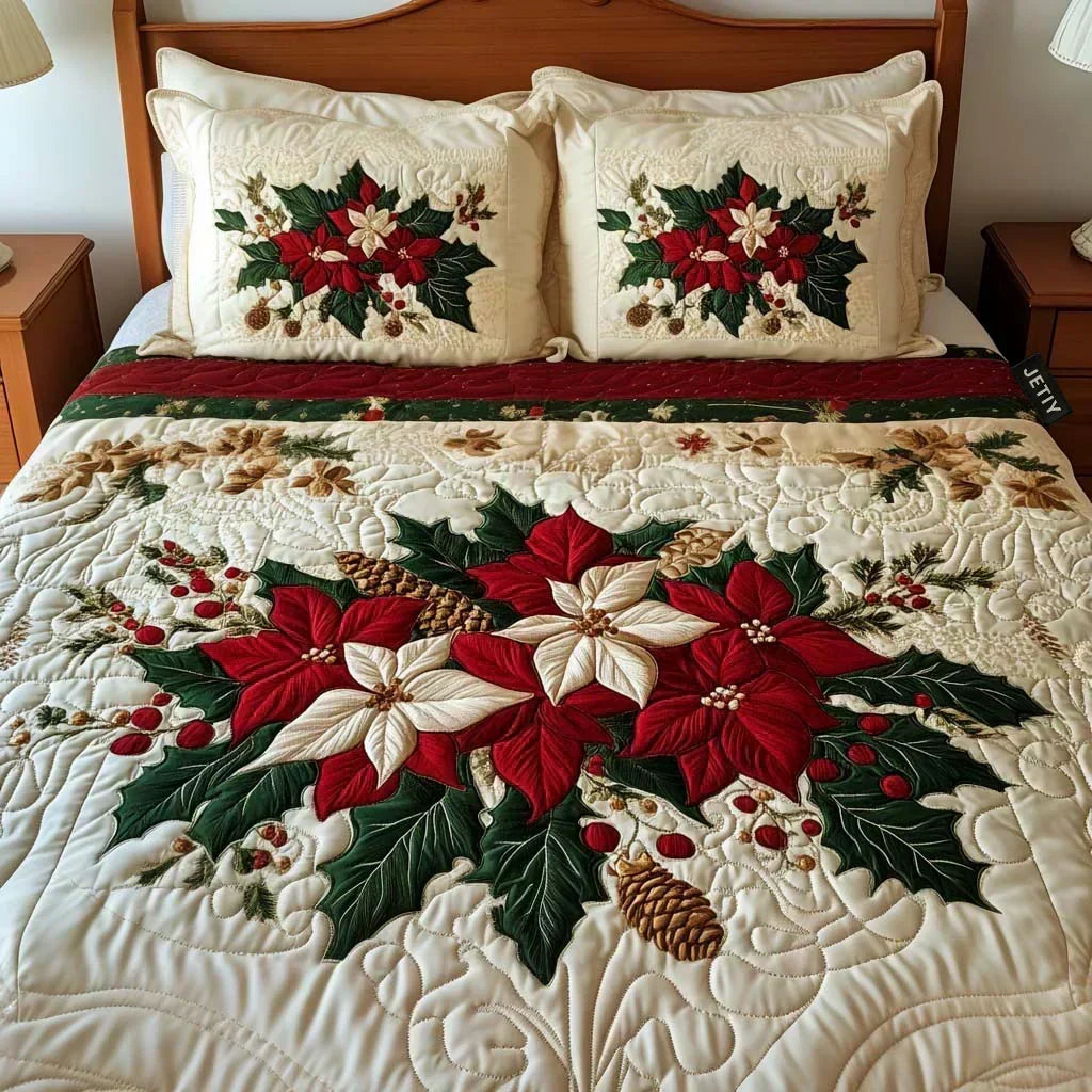 Quilted Bed Set 3 Pieces – Charm of Poinsettias