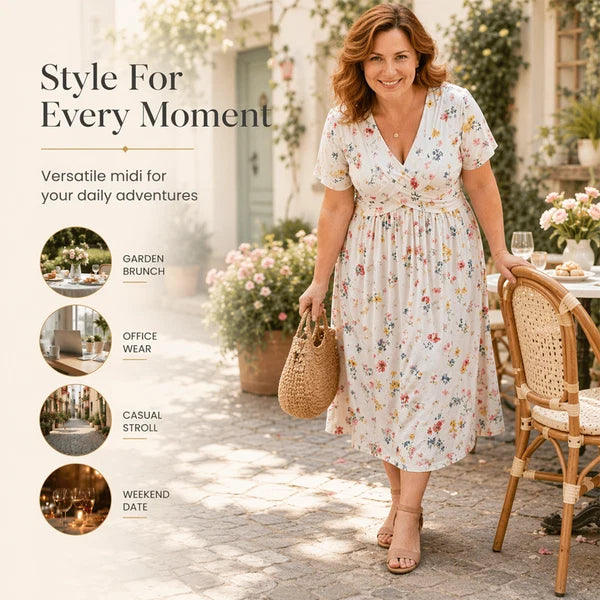 Brooklyn™ | Floral Tummy-Flattering Midi Dress with V-Neck