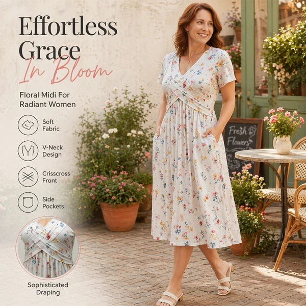 Brooklyn™ | Floral Tummy-Flattering Midi Dress with V-Neck