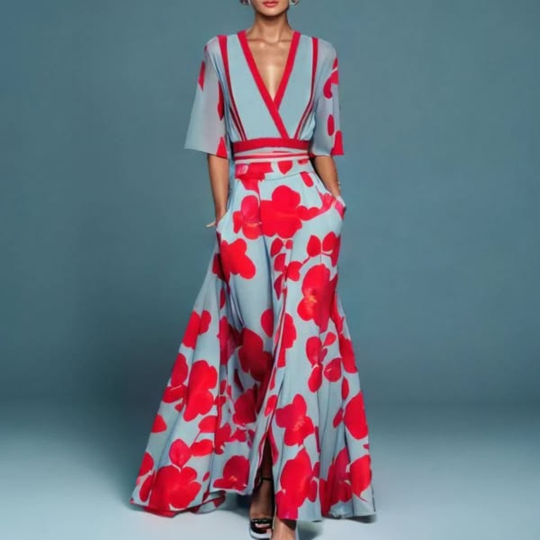 Hazel™ | Floral Maxi Dress with Belt and V-Neck