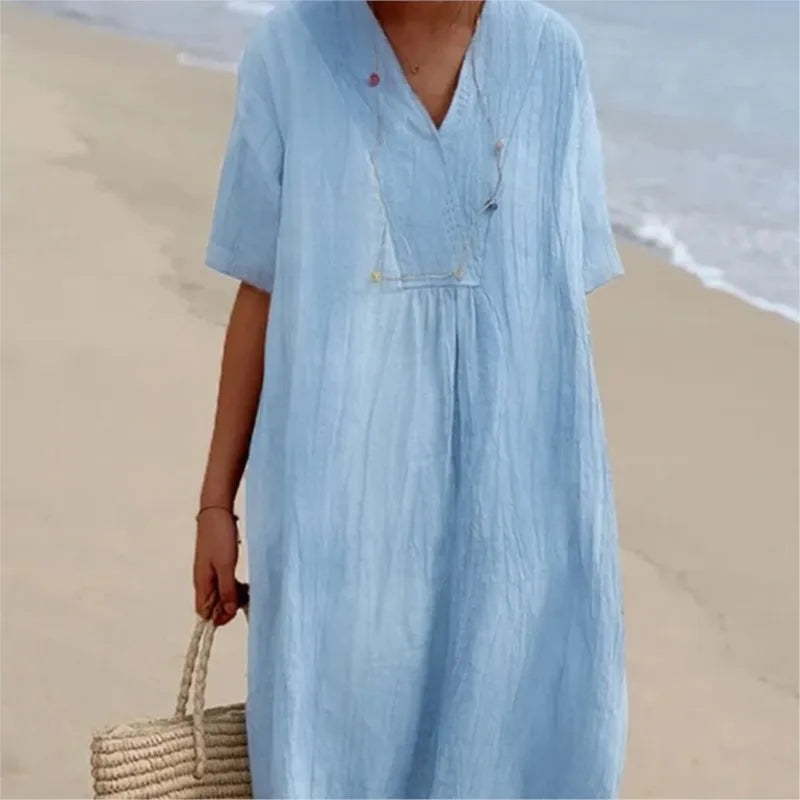 Sandra | Casual dress with linen texture and V-neck