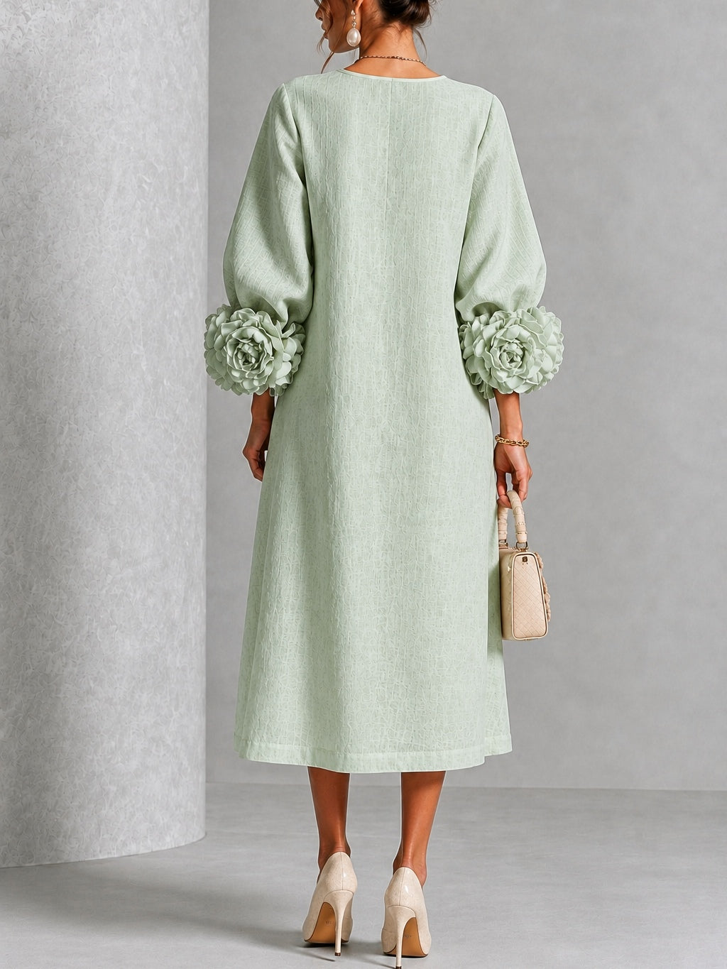 Greta | Midi Dress in Linen Blend with Rose Cuffs, Sage Green