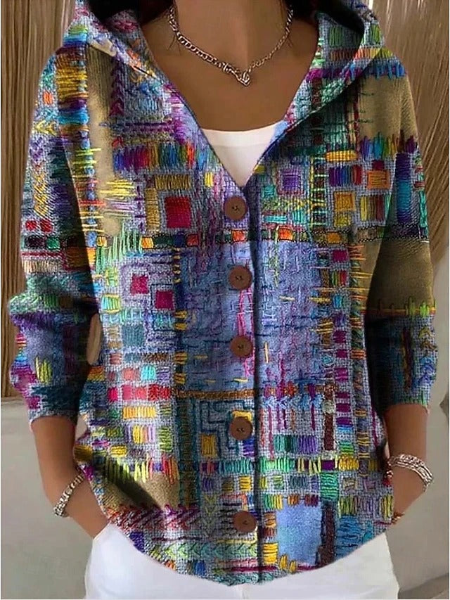Linda™ | Colorful Cardigan with Hood and Patchwork Print