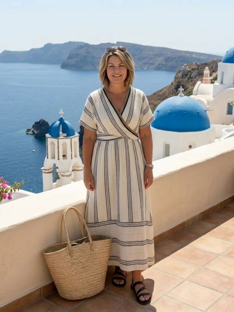 Addison™ | Tummy-Flattering Striped Wrap Midi Dress