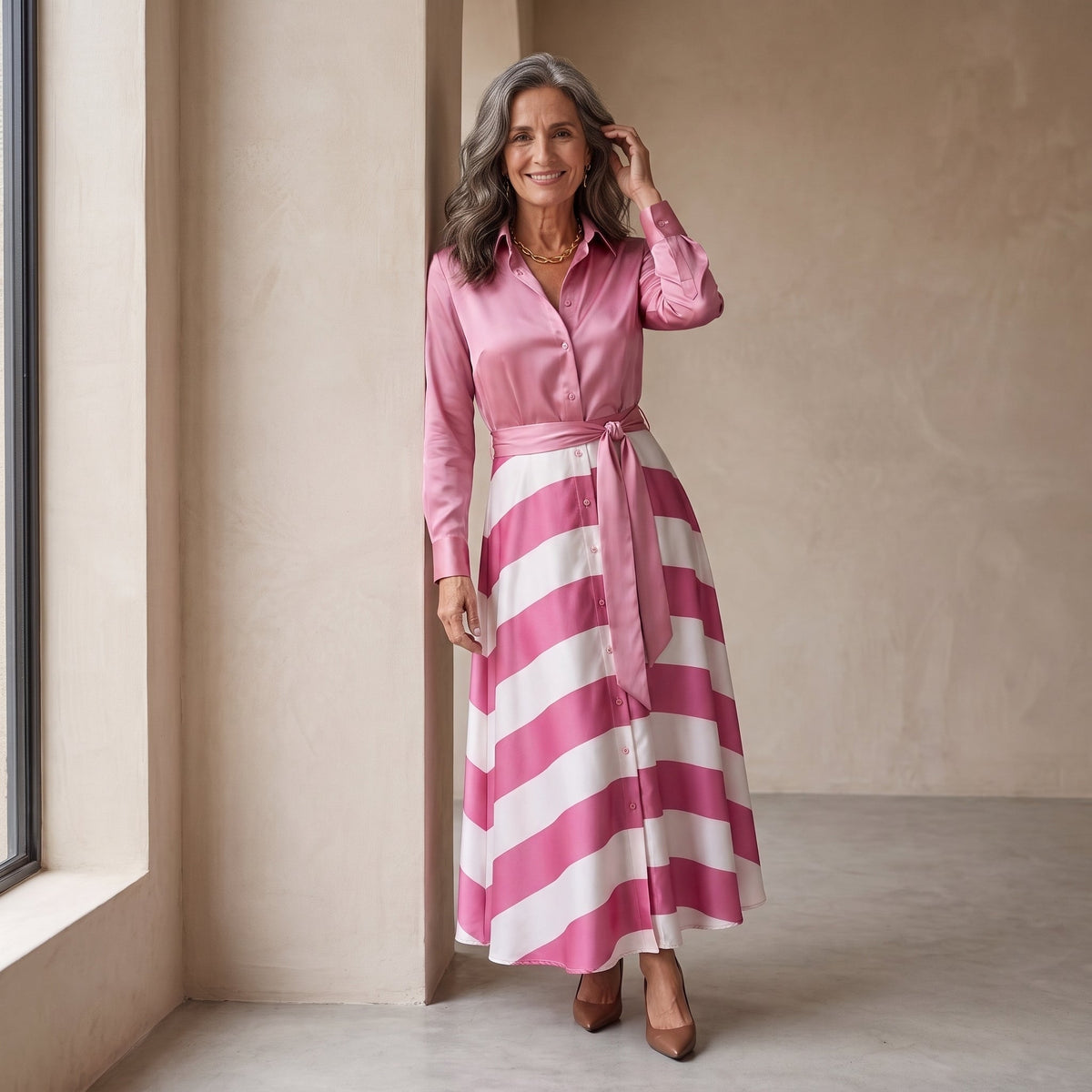 Sandra™ | Elegant Tummy-Control Striped Maxi Dress with Belt 9