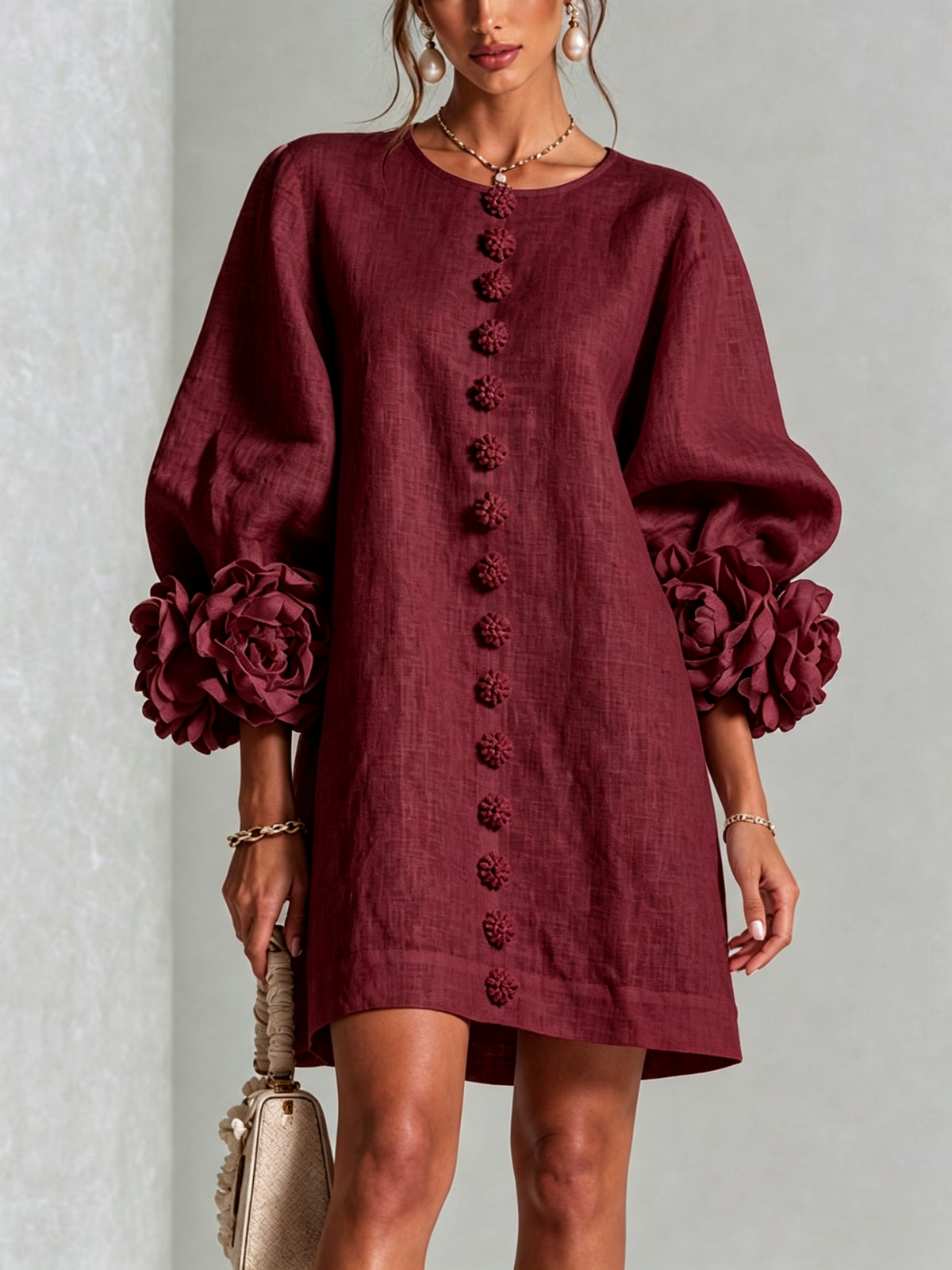Ilaria | Mini Dress in Linen Blend with Rose Cuffs, Bordeaux