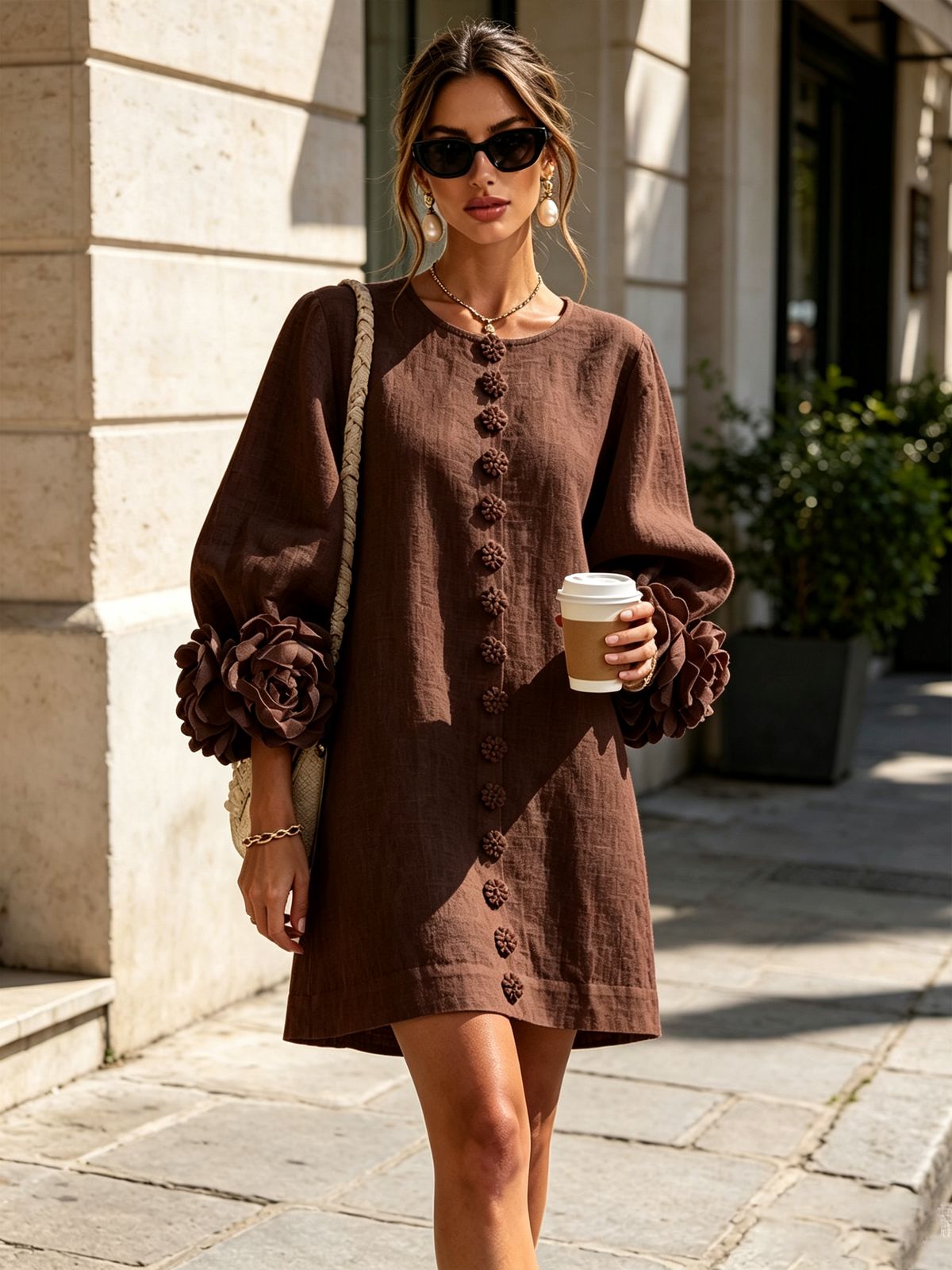 Bruna | Mini Dress in Linen Blend with Rose Cuffs, Chocolate Brown